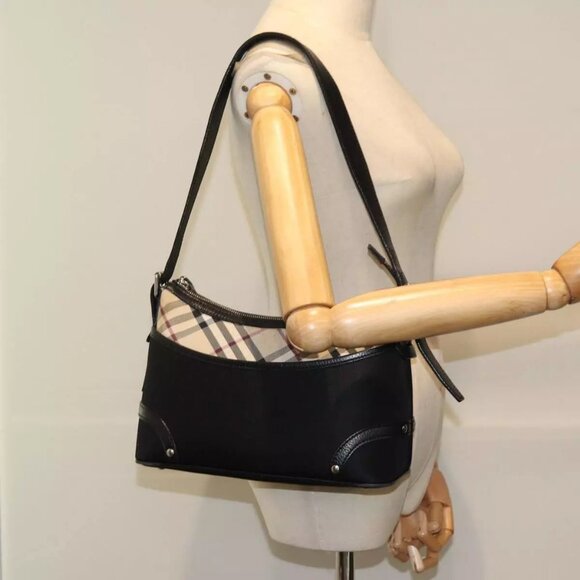 BURBERRY Nova Check Shoulder Bag Nylon Black Beige Auth - Picture 1 of 15